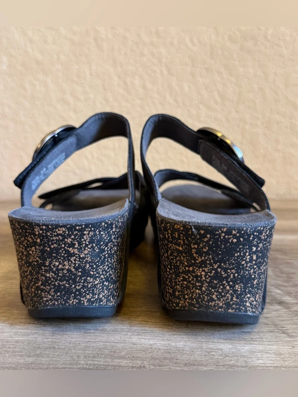 Dansko Susie slide sandals black milled nubuck leather decorative buckle